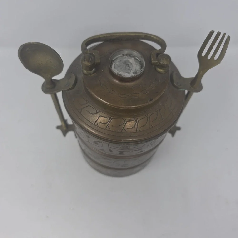 Vintage Brass Tiffin Stacking Food Boxes With Fork And Spoon Screw in Handle